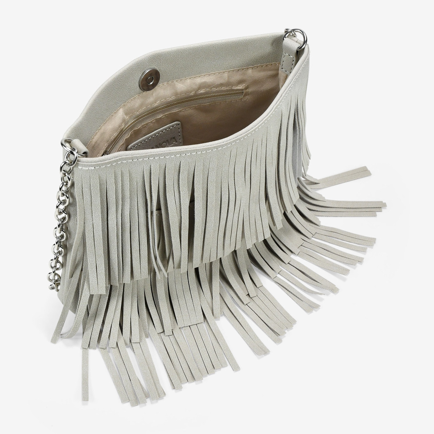 Bolso de hombro beige con flecos y cadena