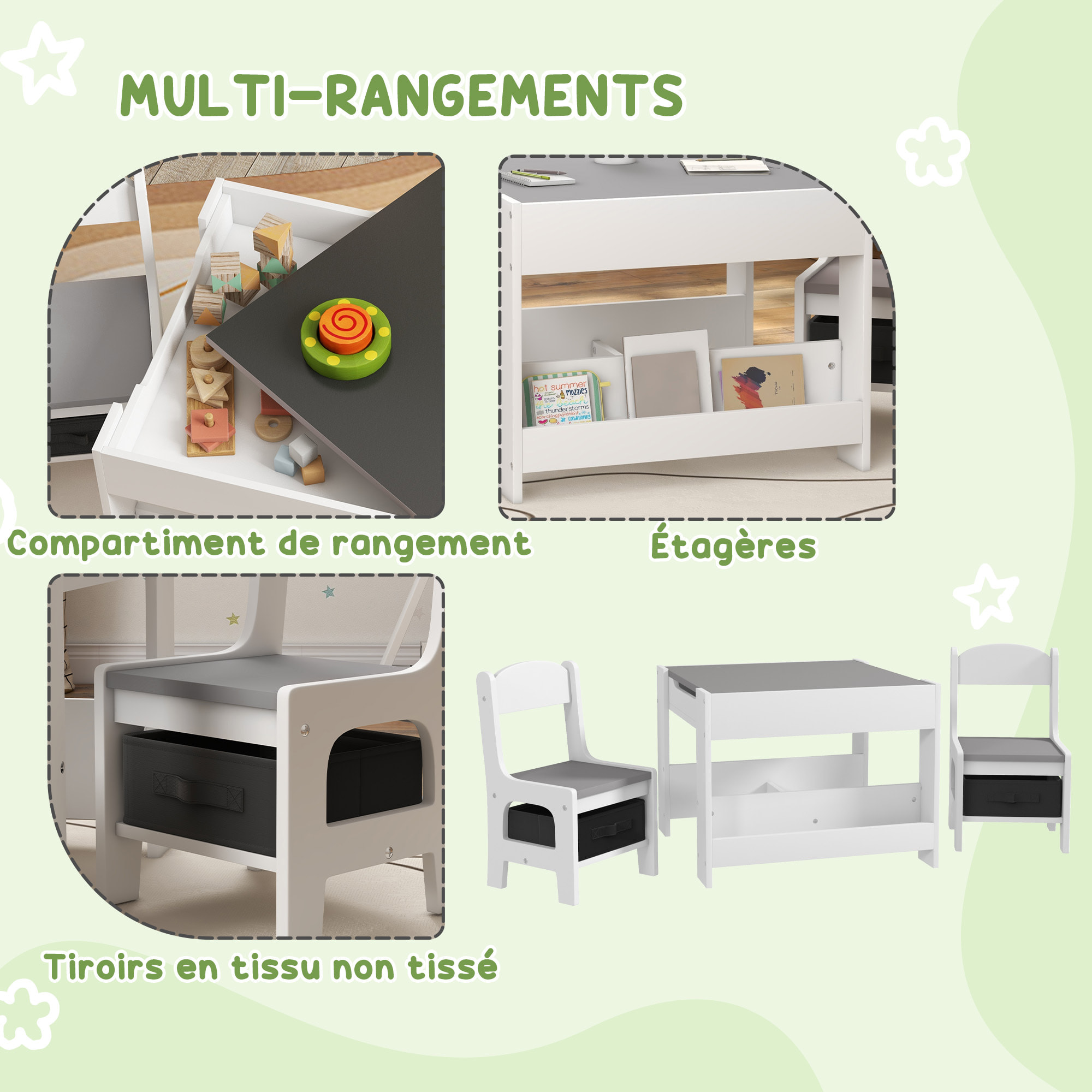 Ensemble table et chaises enfant - 3 pcs - plateau table réversible tableau noir - rangements - étagère - blanc gris