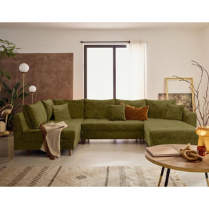 Rune - canapé panoramique d'angle gauche 7 places en velours texturé - Vert Olive