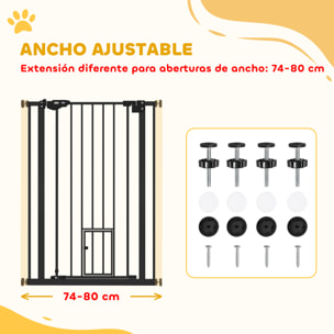 Barrera de Seguridad Perros Gatos con Puerta Pequeña 74-80x104,1 cm para Puerta Pasillo Escalera Barrera para Mascotas con Cierre Automático y Sistema de Doble Bloqueo Negro