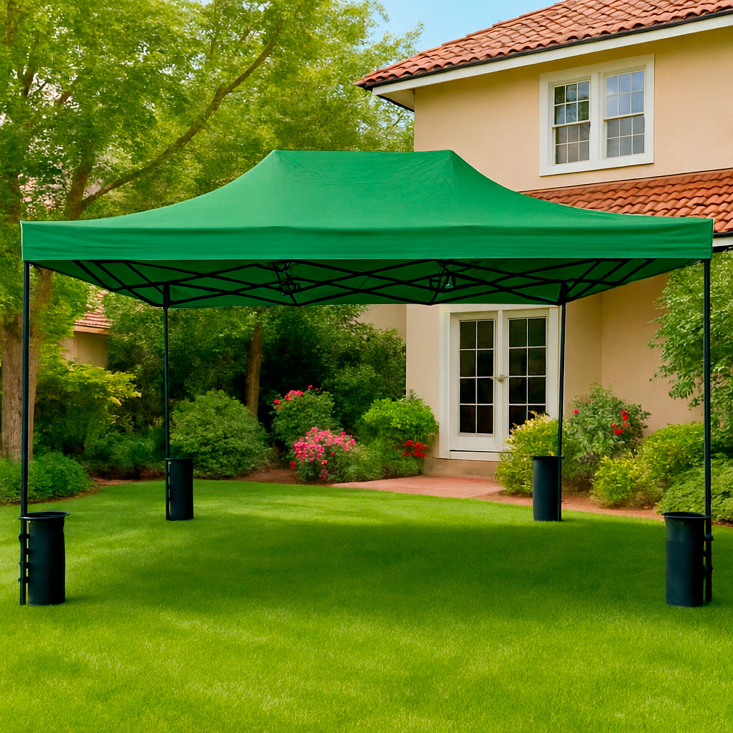 Gazebo Professionale 3x4.5 M Richiudibile Automatico In Acciaio E Telo Oxford 1200D PVC Impermeabile Anti UV Struttura a Fisarmonica con Sacche Verde