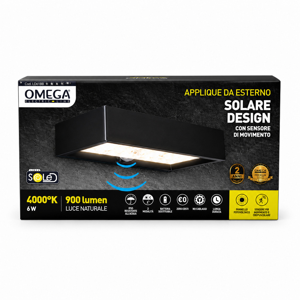 OMEGA Applique LED Solare da Muro 6W 900lm IP54 con Sensore_Nera