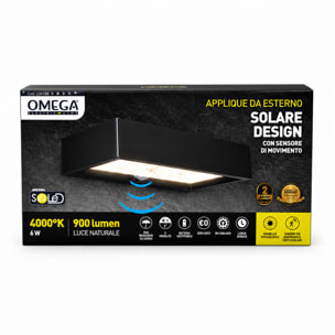 OMEGA Applique LED Solare da Muro 6W 900lm IP54 con Sensore_Nera