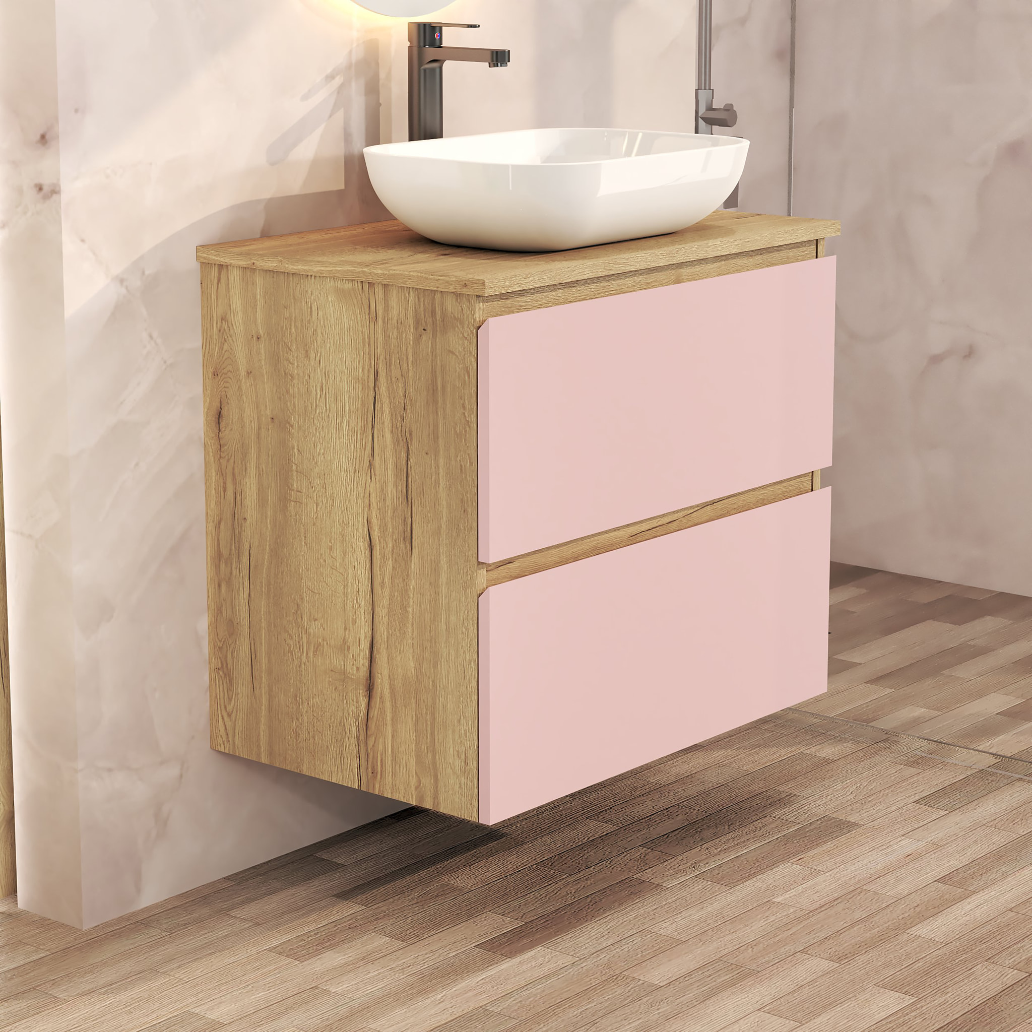 Conjunto de Baño Nia | Mueble Suspendido | 70 cm Rosa | Dos Cajones | Lavabo Sobrepuesto | No incluye Espejo | Mueble Montado| Alday