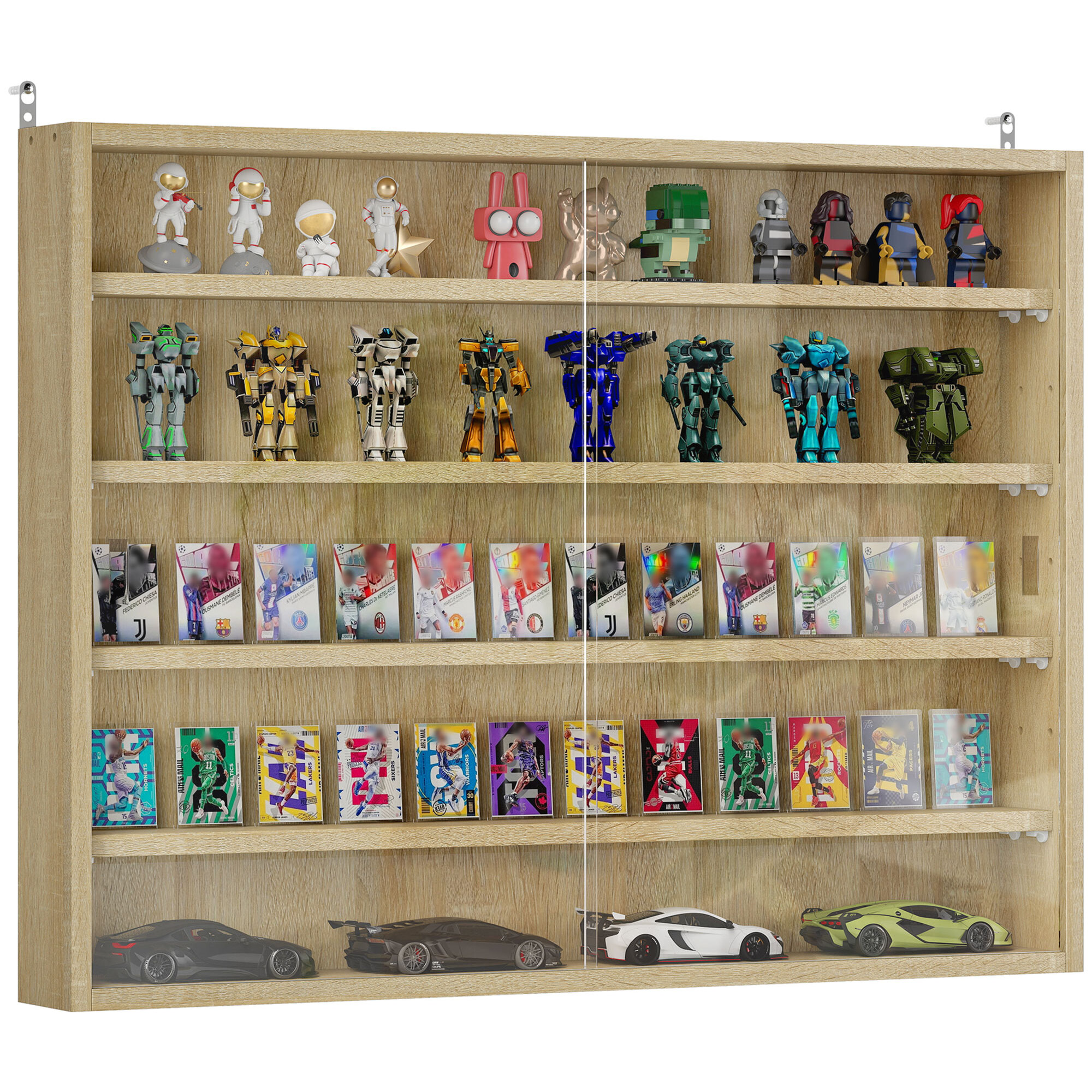Vitrina Expositora Vitrina de Pared con Estantes Ajustables y 2 Puertas Correderas de Vidrio para Colecciones Perfumes Figuras de Decoración 80x9,5x60 cm Roble