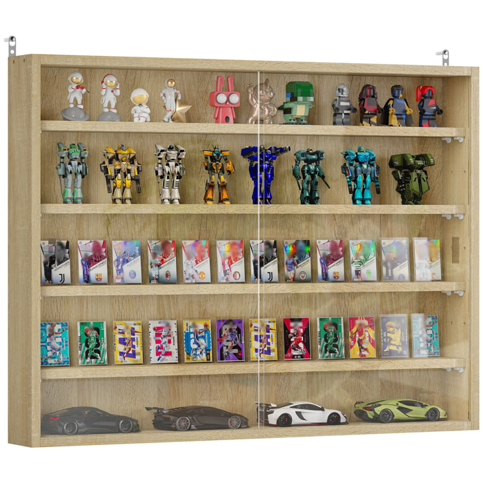 Vitrina Expositora Vitrina de Pared con Estantes Ajustables y 2 Puertas Correderas de Vidrio para Colecciones Perfumes Figuras de Decoración 80x9,5x60 cm Roble