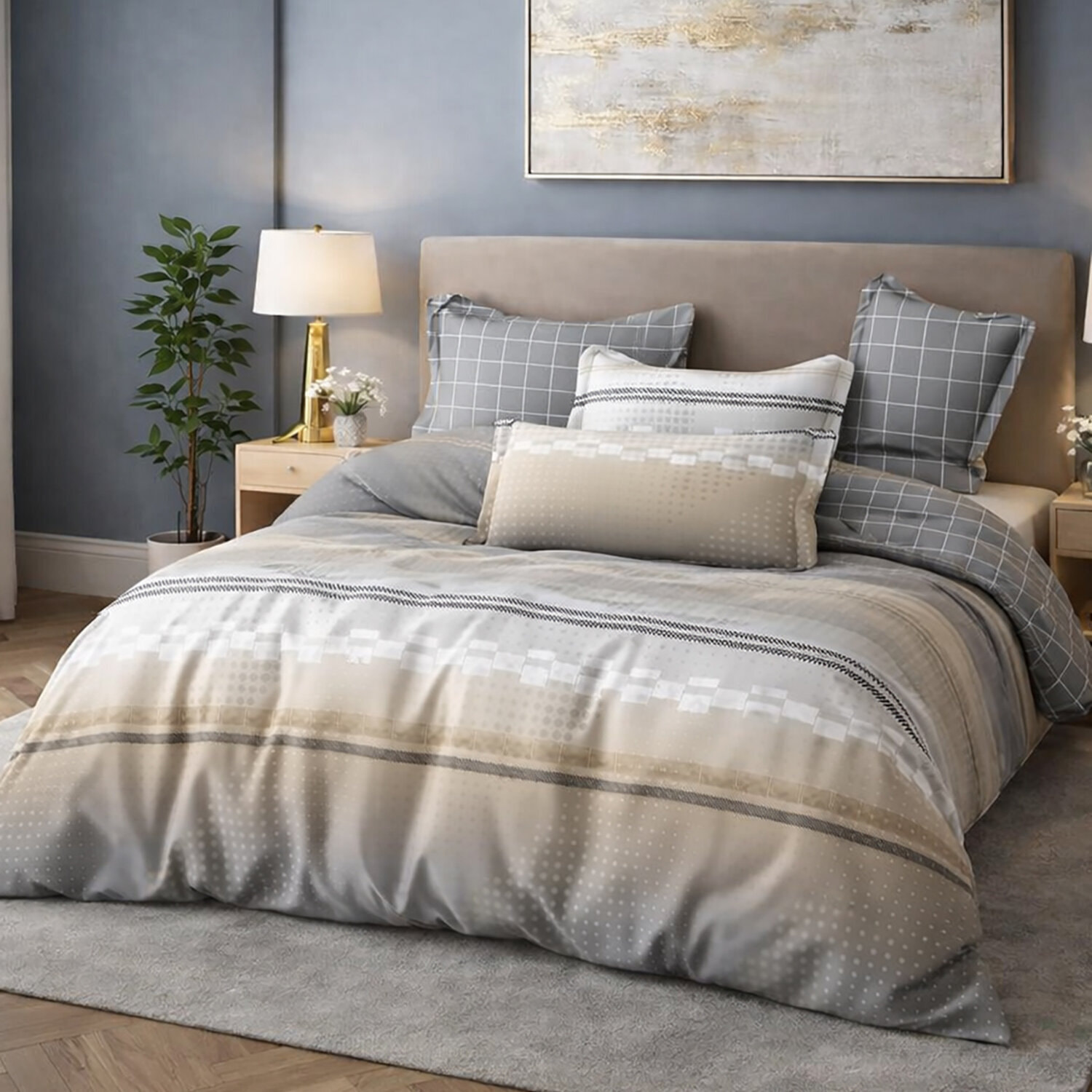 Parure housse de couette 100% coton - Strate imprimé graphique beige