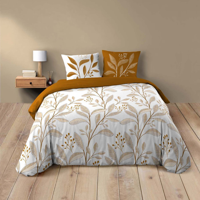 Parure de lit 3 pièces en coton à motif feuilles housse + taies - Blanc