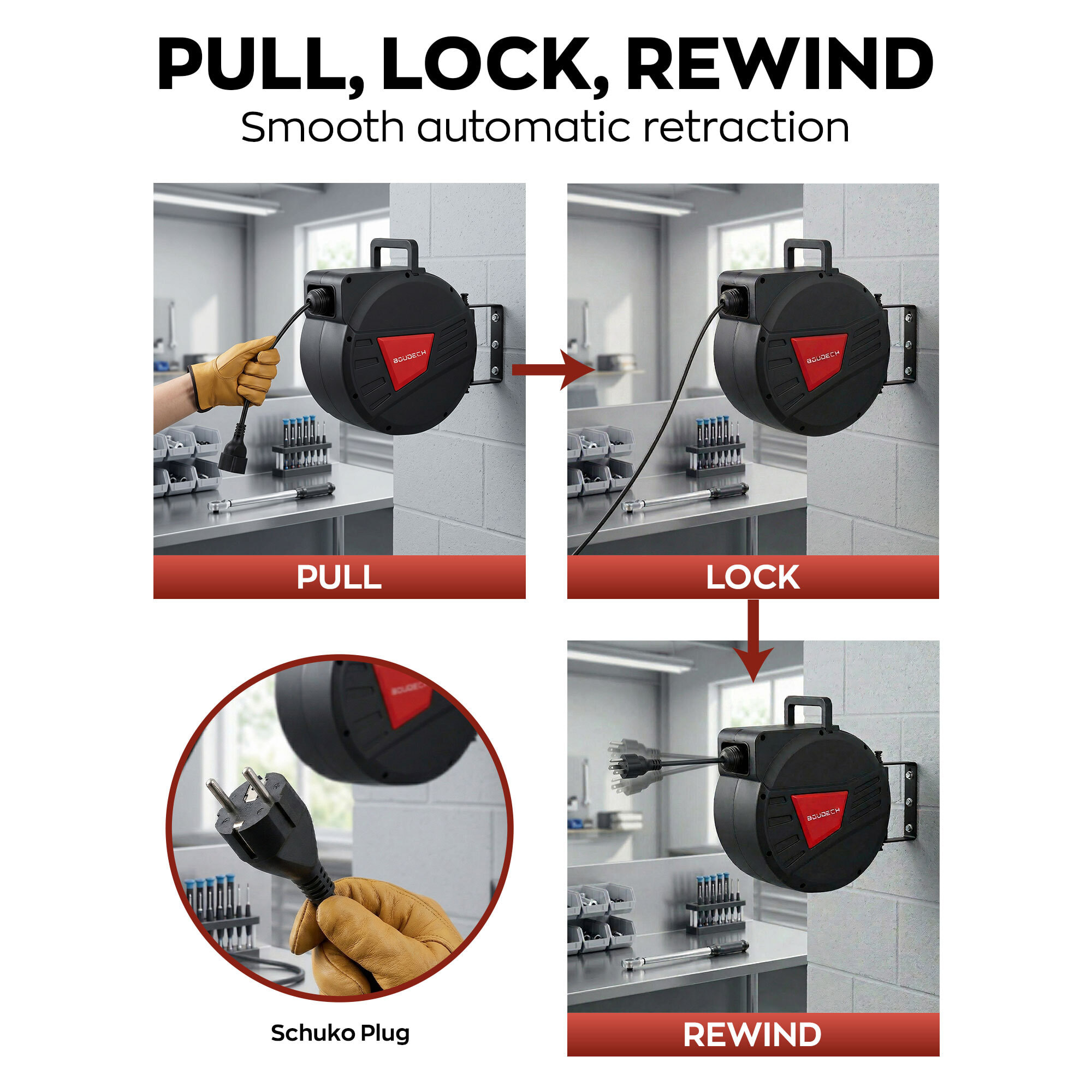 Denki 15 - Avvolgicavo Elettrico Automatico da Parete 15 m per esterno interno 250V Attacco Shuko in Polypropylene Nero