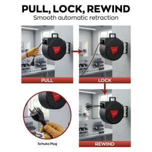 Denki 15 - Avvolgicavo Elettrico Automatico da Parete 15 m per esterno interno 250V Attacco Shuko in Polypropylene Nero