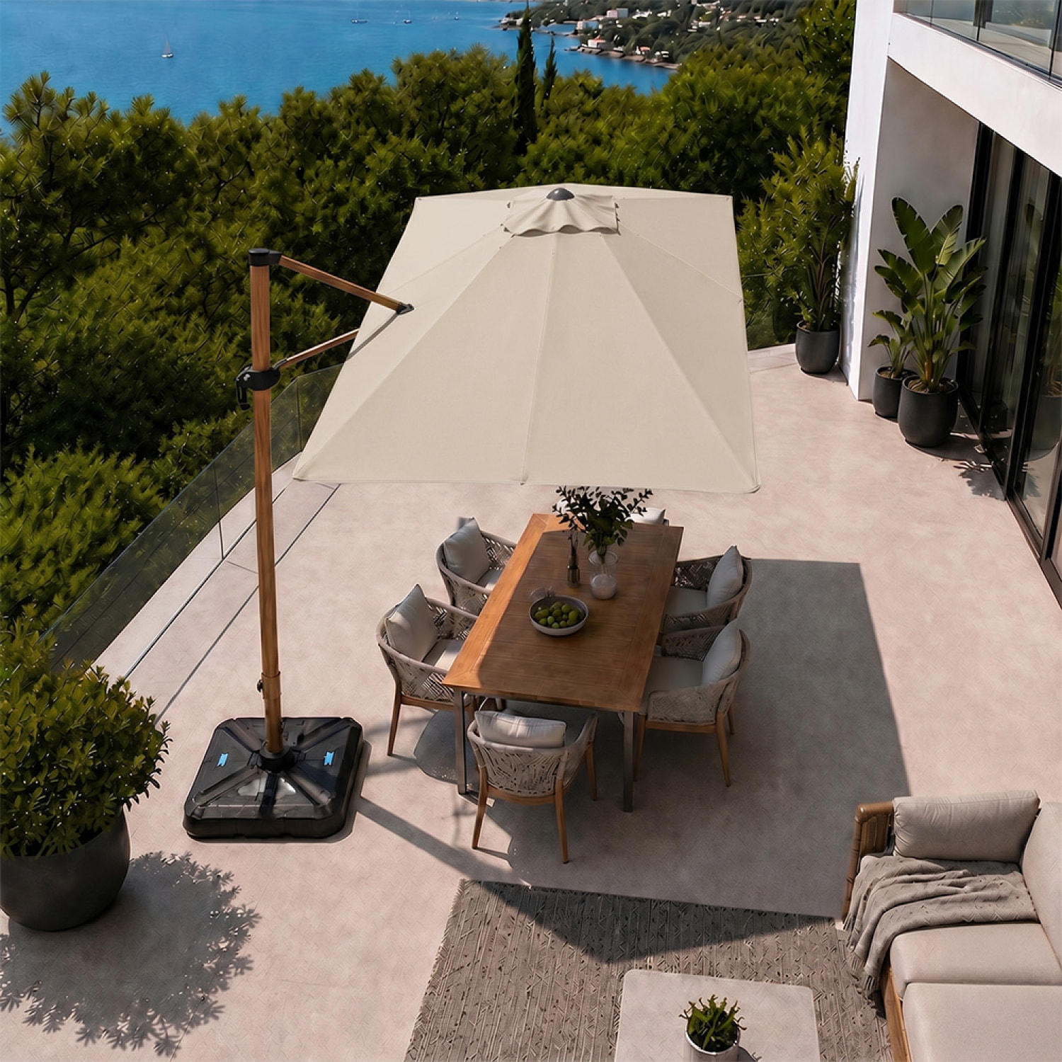 Parasol rectangulaire 2x3m déporté rotatif écru structure effet bois OTA