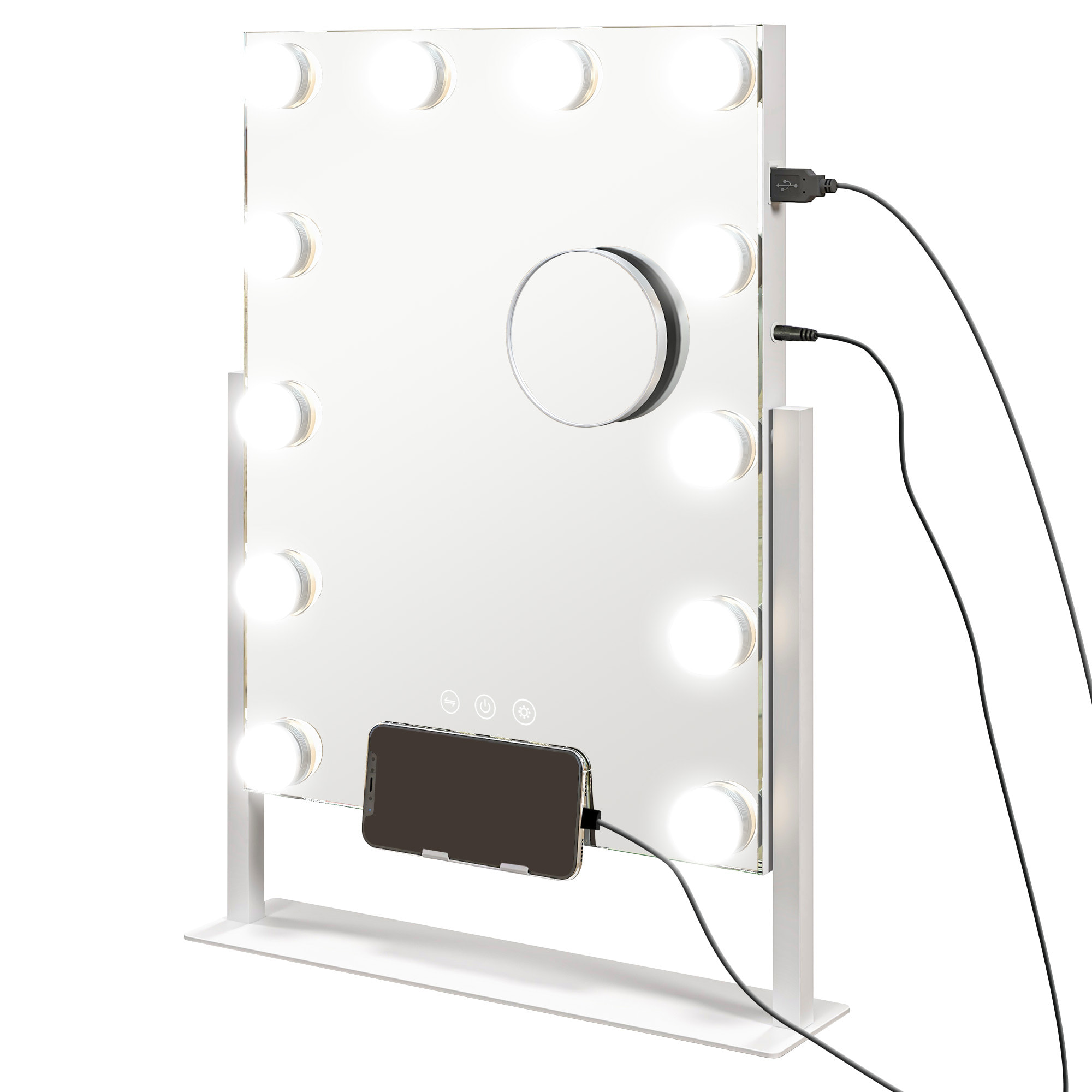 Miroir Hollywood LED rotatif grossissant dim. 36,5 x 45,5 cm 12 ampoules 3 modes luminosité port charge USB