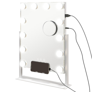 Miroir Hollywood LED rotatif grossissant dim. 36,5 x 45,5 cm 12 ampoules 3 modes luminosité port charge USB