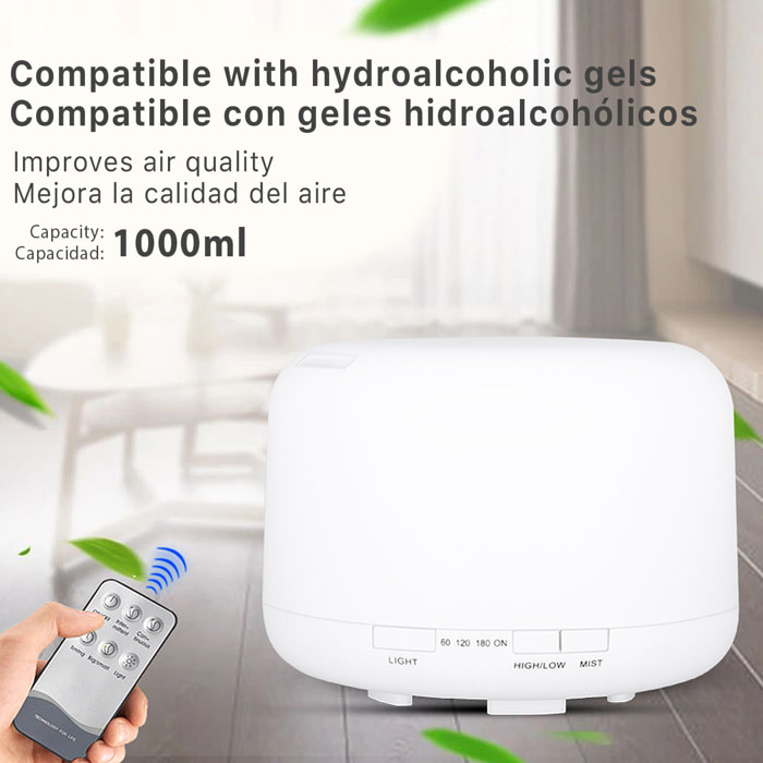 NEBULIZADOR ESTERILIZADOR MULTIFUNCIÓN (admite hidroalcohol) 1000 ml. Blanco con función multicolor . Luz led nocturna.Humidificador.