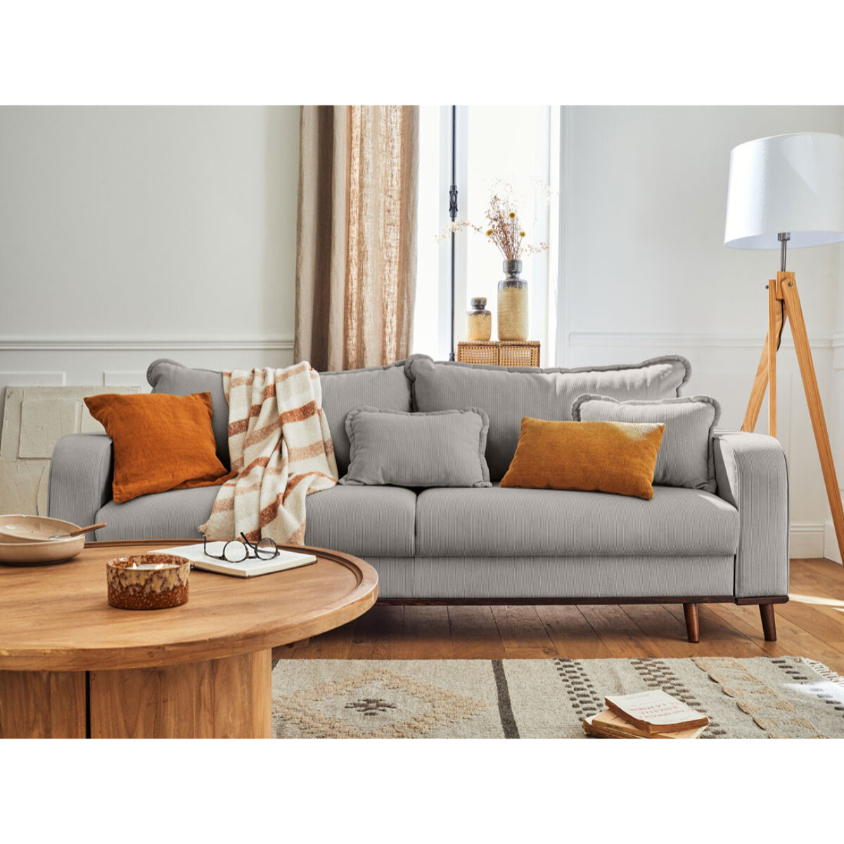 Albane - canapé 3 places - convertible avec coffre - en velours côtelé - Gris clair