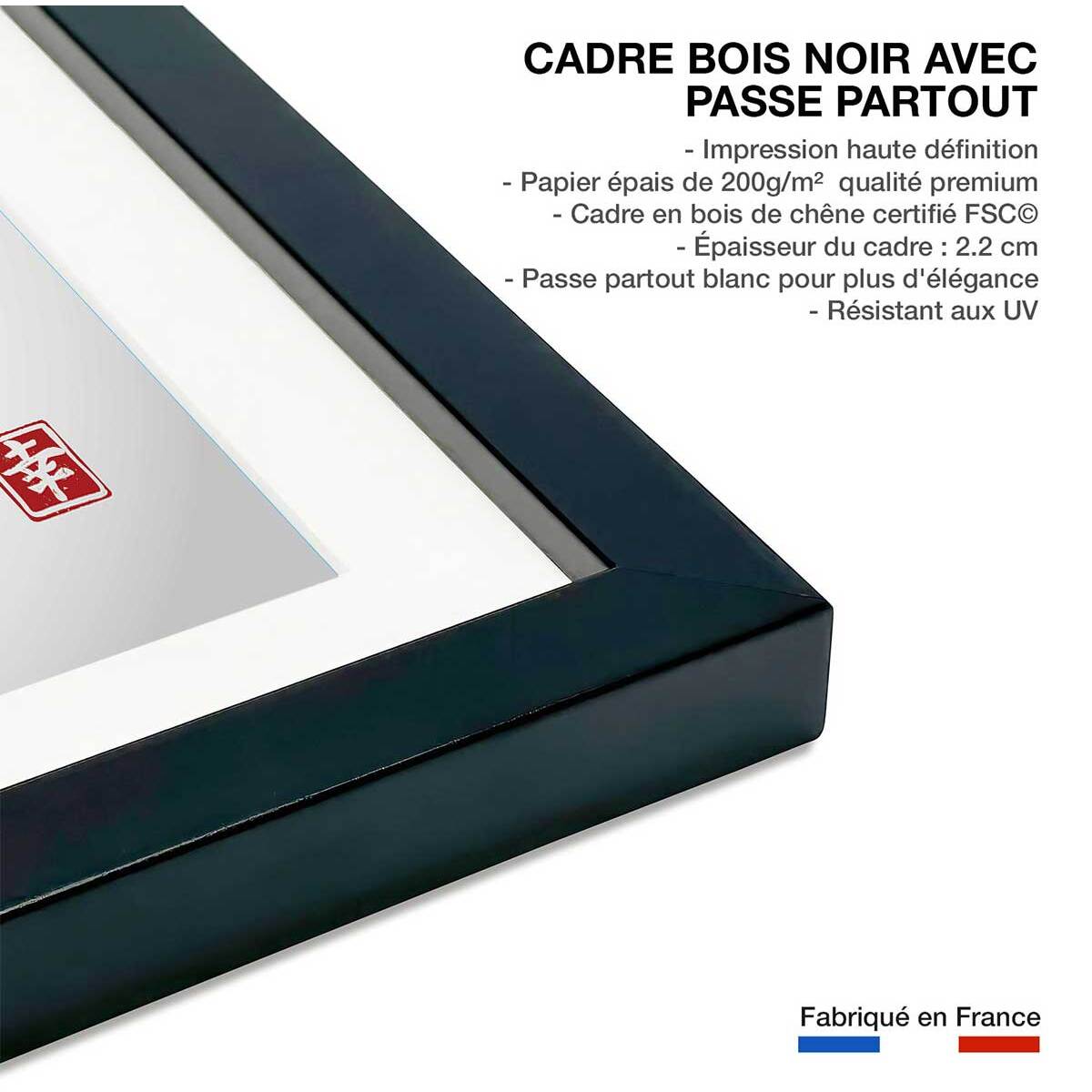 Affiche shinto et son rossignol Affiche + cadre en bois - Noir