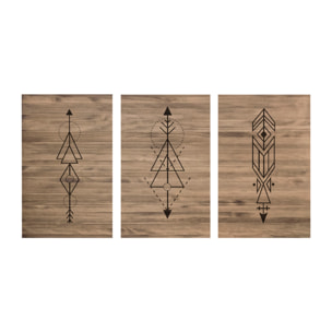 Tête de lit triptyque en bois massif imprimée d'un motif de flèches géométriques en ton chêne foncé de différentes tailles Hauteur: 80 Longueur: 180 Largeur: 4.2