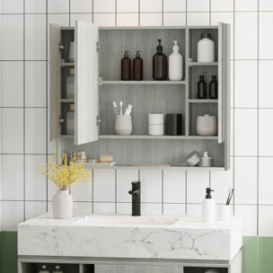 Armoire miroir salle de bain 3 portes 5 étagères, niche - 90 x 15 x 75 cm - effet bois gris