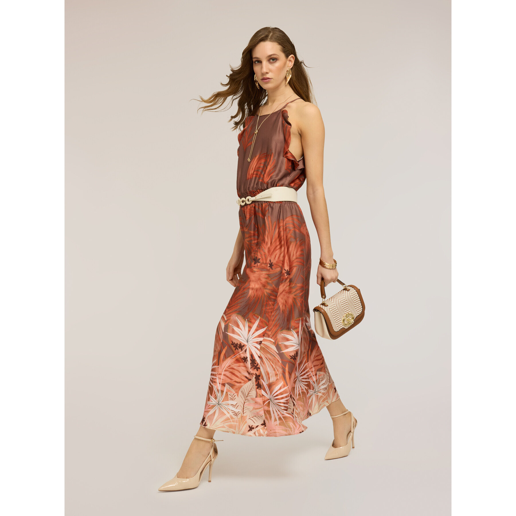 Motivi - Vestido largo de satén con estampado - Naranja sol