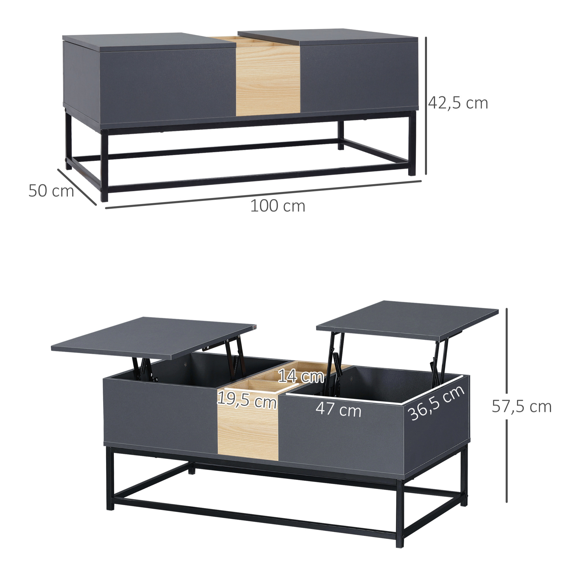 Table basse relevable double plateau multi-rangement - dim. 100L x 50l x 42H cm - acier panneaux coloris pin gris