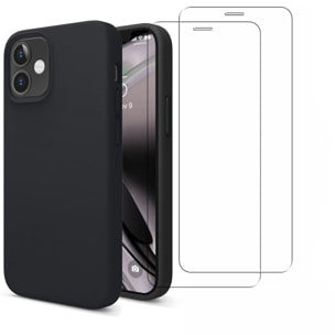 Coque iPhone 12 Mini Silicone liquide Noire + 2 Vitres en Verre trempé Protection écran Antichocs