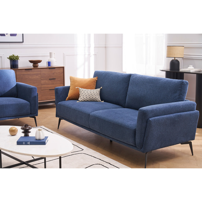 Canapé design 3 places en tissu effet velours texturé bleu foncé et métal noir MOSCO