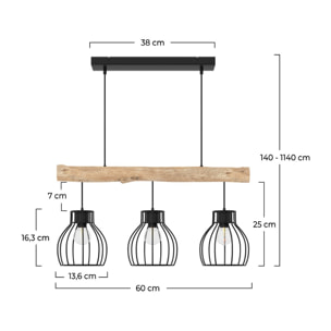 Suspension 3 lampes en bois d'eucalyptus et métal noir - Abby
