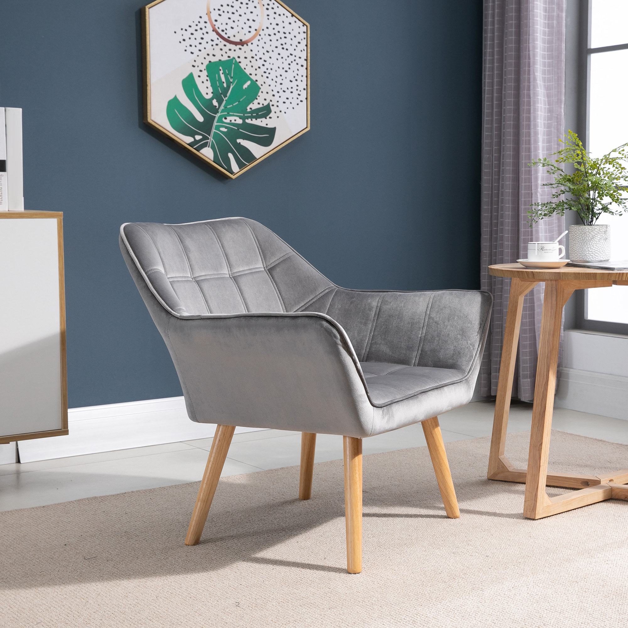 Butaca de Salón Moderna, Sillón Lectura Tapizado en Terciopelo con Asiento Ancho, Patas de Madera, Fácil Montaje, Sillón Relax para Sala de Estar, Dormitorio y Balcón, Gris