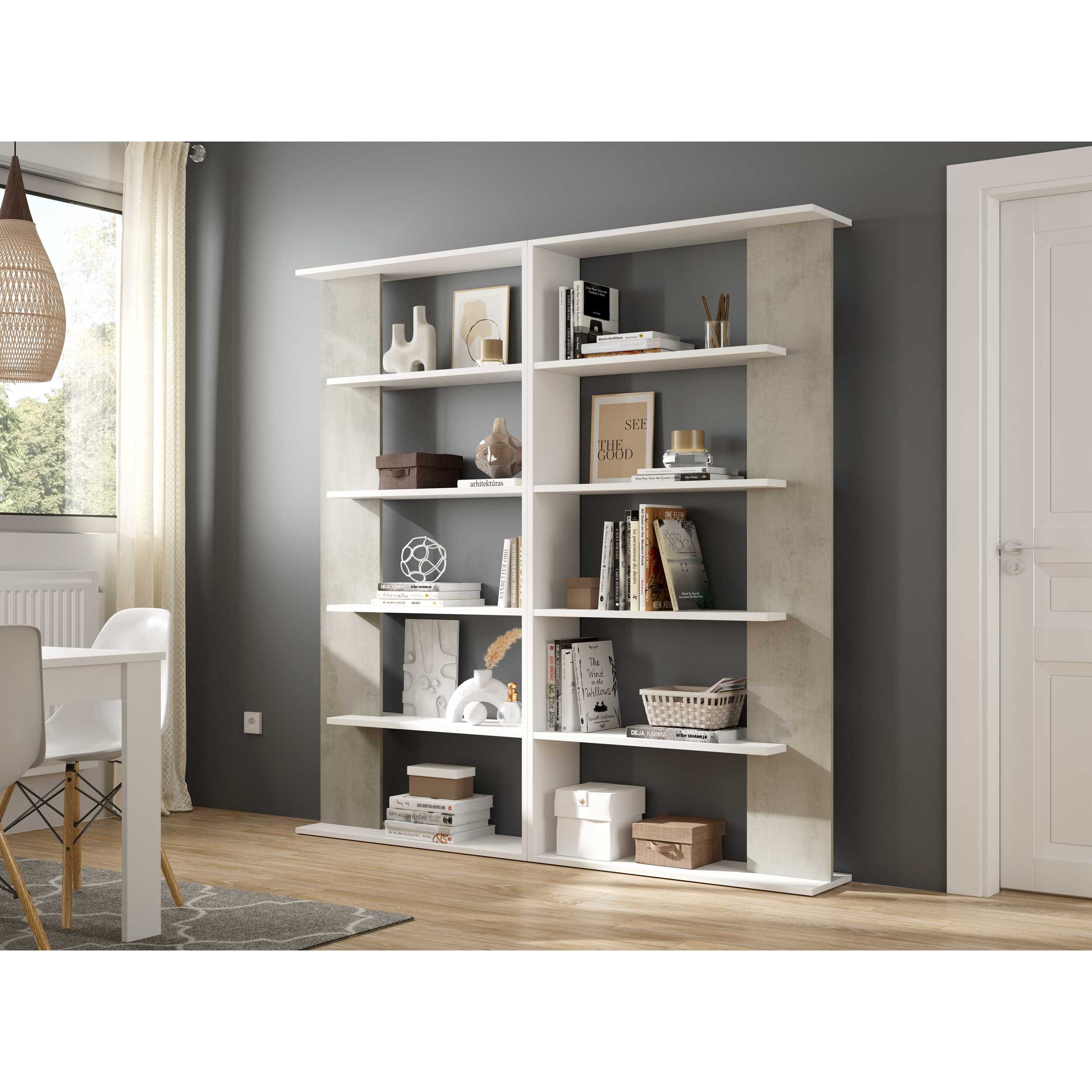 Libreria Santa Cruz Design Scaffale Mensola Moderna Mobile Per Libri Con Ripiani Per Soggiorno Salotto 180 x 90 x 25 cm Bianco e Grigio Cemento