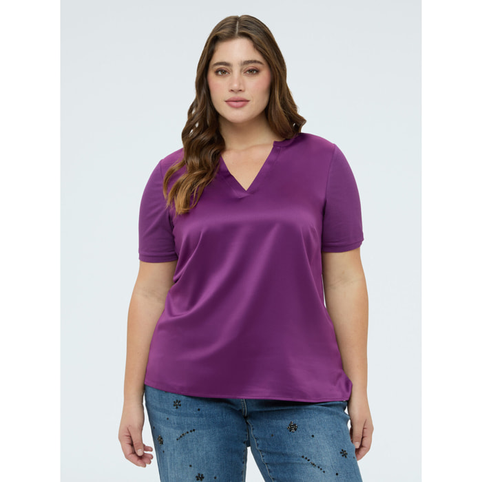 Fiorella Rubino - T-shirt bimaterica in misto viscosa - Viola