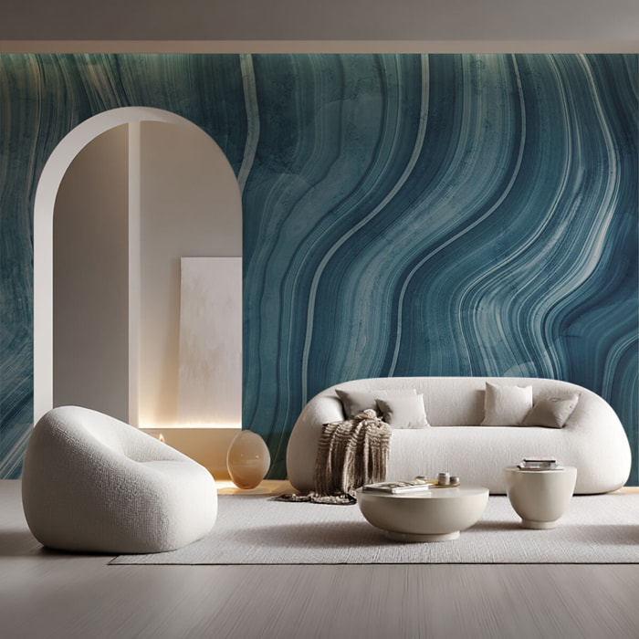 Papier peint marbre ondulé bleu contemporain Intissé