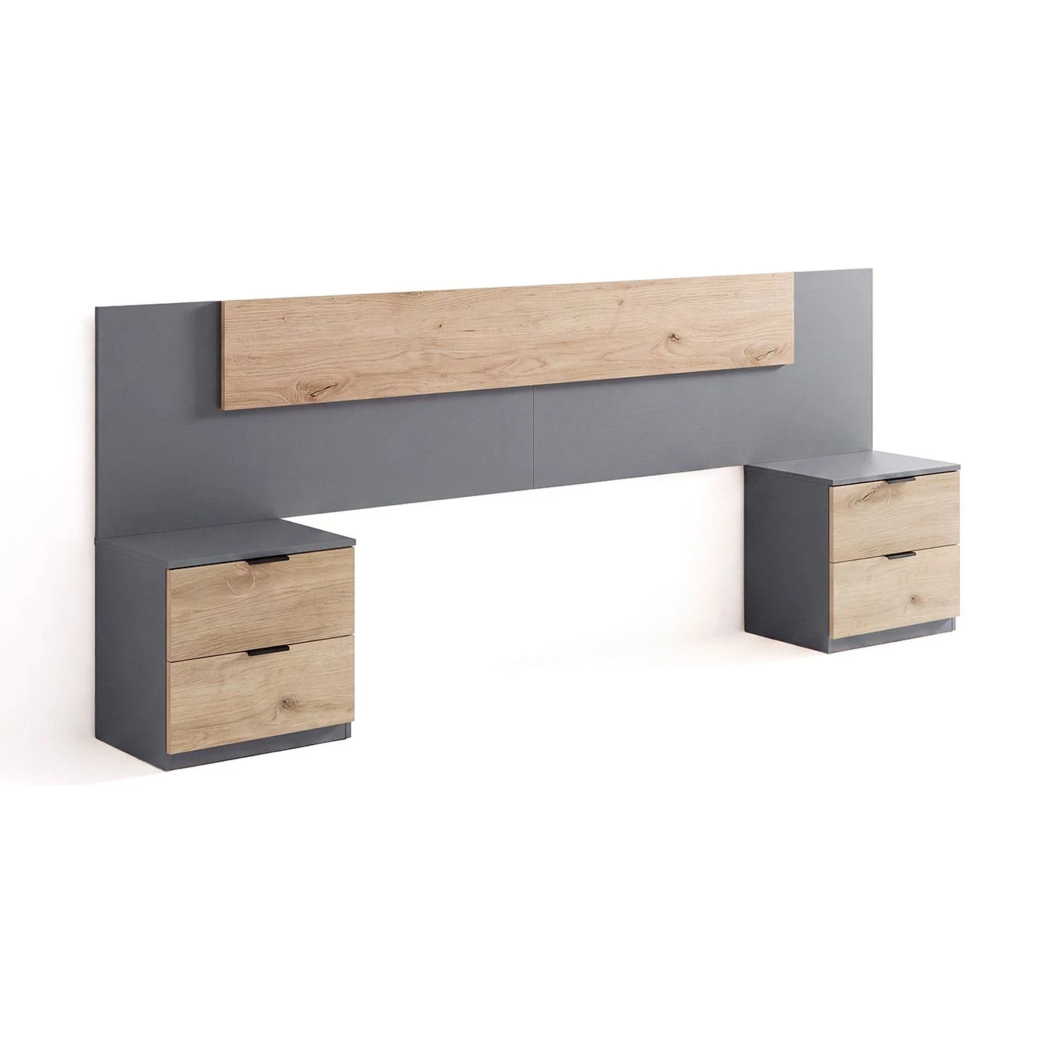 Cabecero para cama de 135-150 cm y 2 mesitas con cajones en gris grafito y apline oak Akari Gris Grafito - Alpine Oak