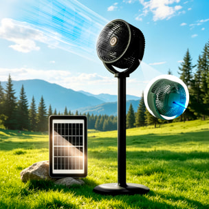 Ventilador para exteriores F32. Con 5 velocidades y 4 alturas. Batería de larga duración con función powerbank. Incluye panel solar y lámpara LED.