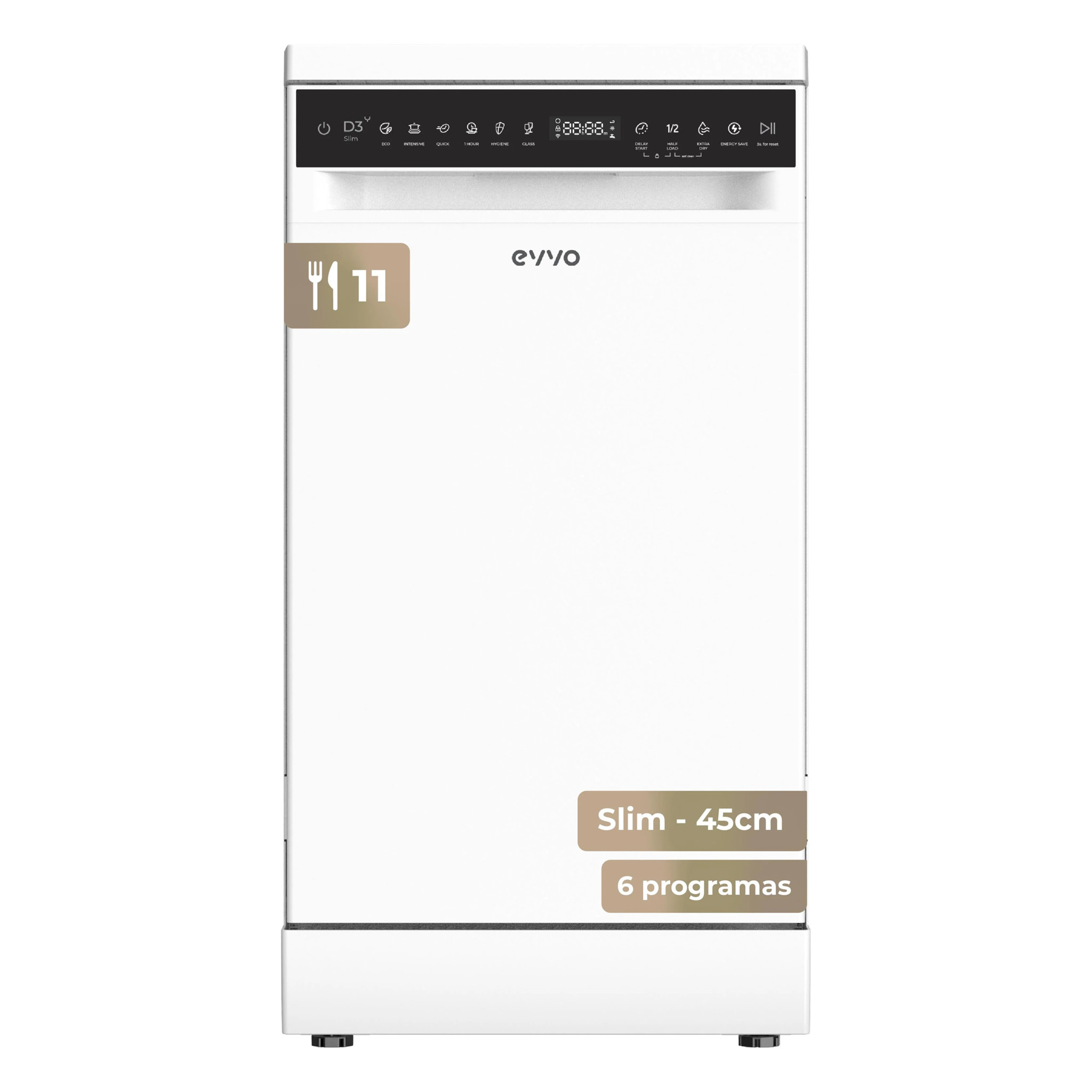 EVVO Lavavajillas Slim D3Y 45cm Libre Instalación 11 Cubiertos, 6 Programas, Panel Táctil, Blanco