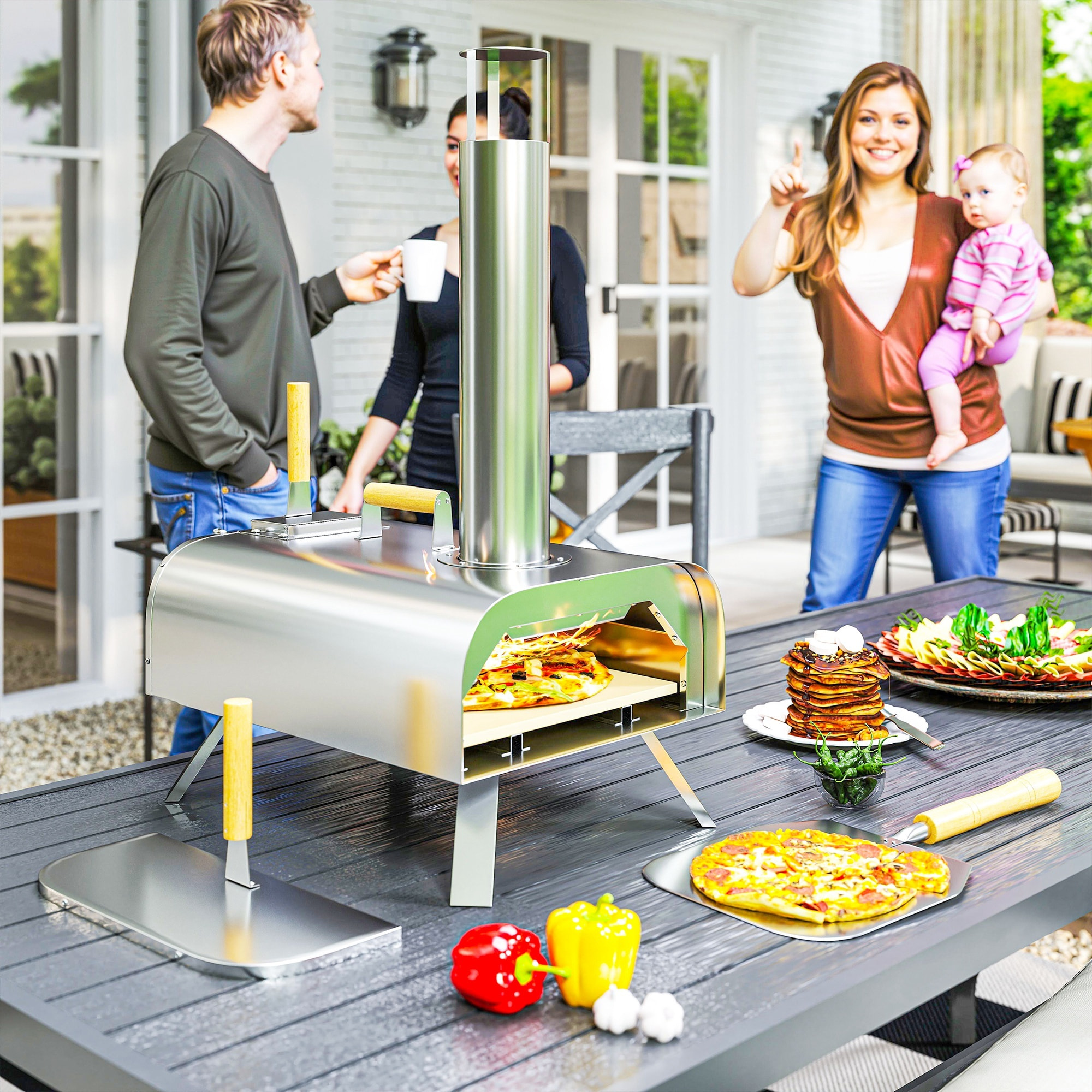 Mini Horno de Pizza Exterior Portátil de Acero Inoxidable Horno de Leña con Piedra Refractaria Pala Patas Plegables Mangos de Madera Termómetro y Bandeja para Jardín Terraza Camping Patio
