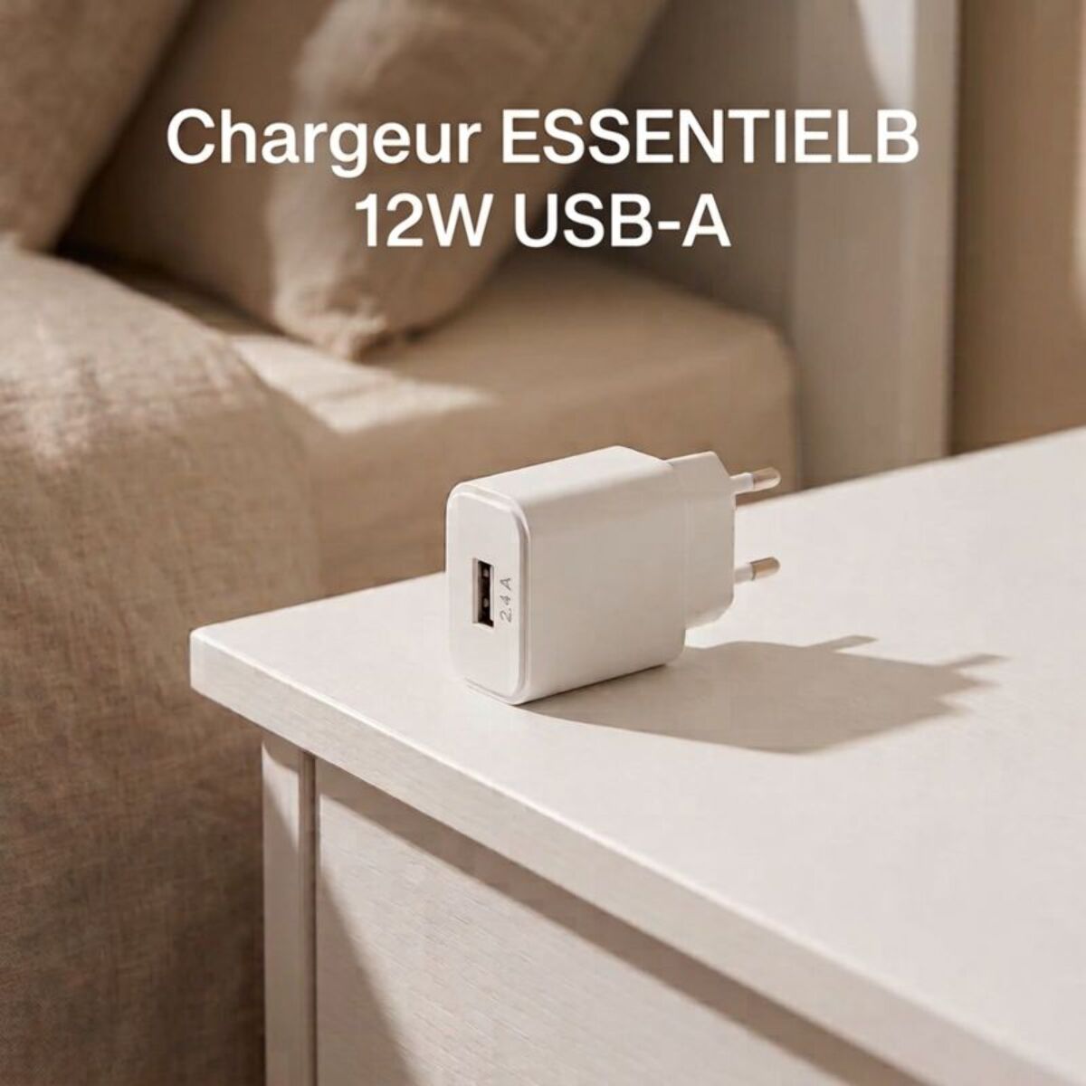 Chargeur ESSENTIELB 12W USB-A Blanc compatible iPhone 17 16 15 Pro Max et Samsung Galaxy