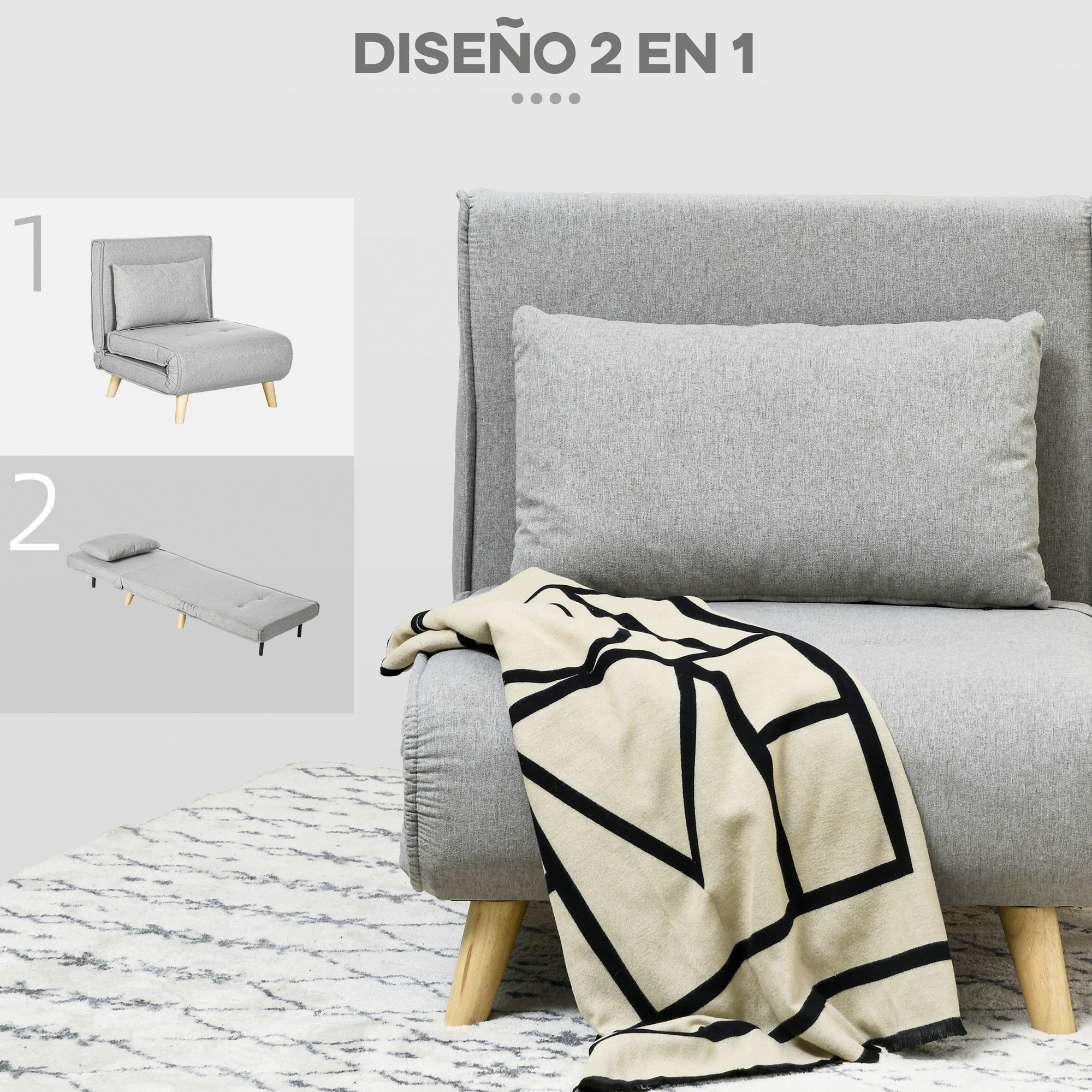 Sofá Cama Individual Sillón Cama Plegable Tapizado en Lino Sintético con Respaldo Ajustable en 6 Posiciones y Almohada Sofá Cama para Salón 72x78x79 cm Gris