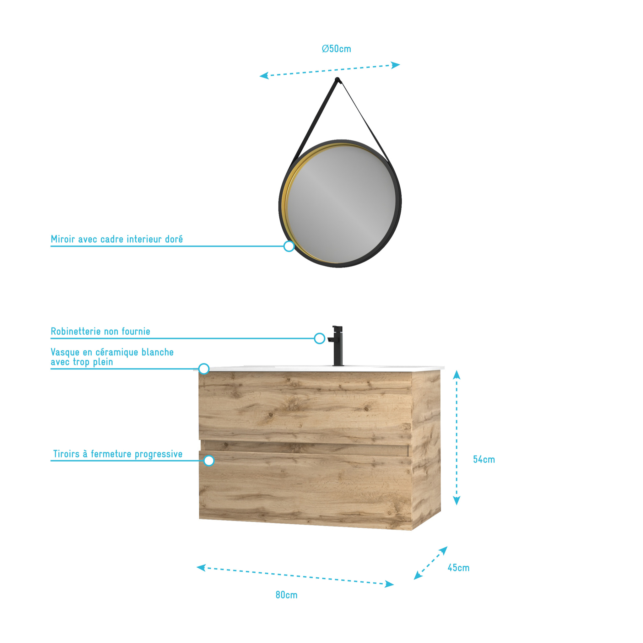 Pack Meuble SDB 80cm suspendu 2 tiroirs Chene_Vasque blanche + Miroir Barber - TIMBER 80 - Pack38