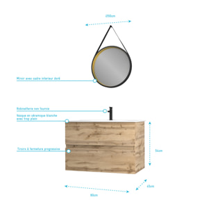 Pack Meuble SDB 80cm suspendu 2 tiroirs Chene_Vasque blanche + Miroir Barber - TIMBER 80 - Pack38