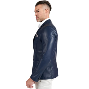 Blazer in pelle naturale blu con taschino e fazzoletto