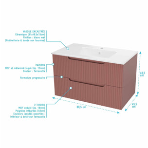 Meuble et colonne de Salle de Bains LEON 80cm Terracotta - Façades Ondulées - Vasque Blanche Mate