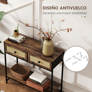 Mesa Consola Mueble para Recibidor con Estante Abierto y 2 Cajones Frontales de Ratán Consola para Recibidor Entrada Pasillo 80x30x75 cm Marrón Rústico
