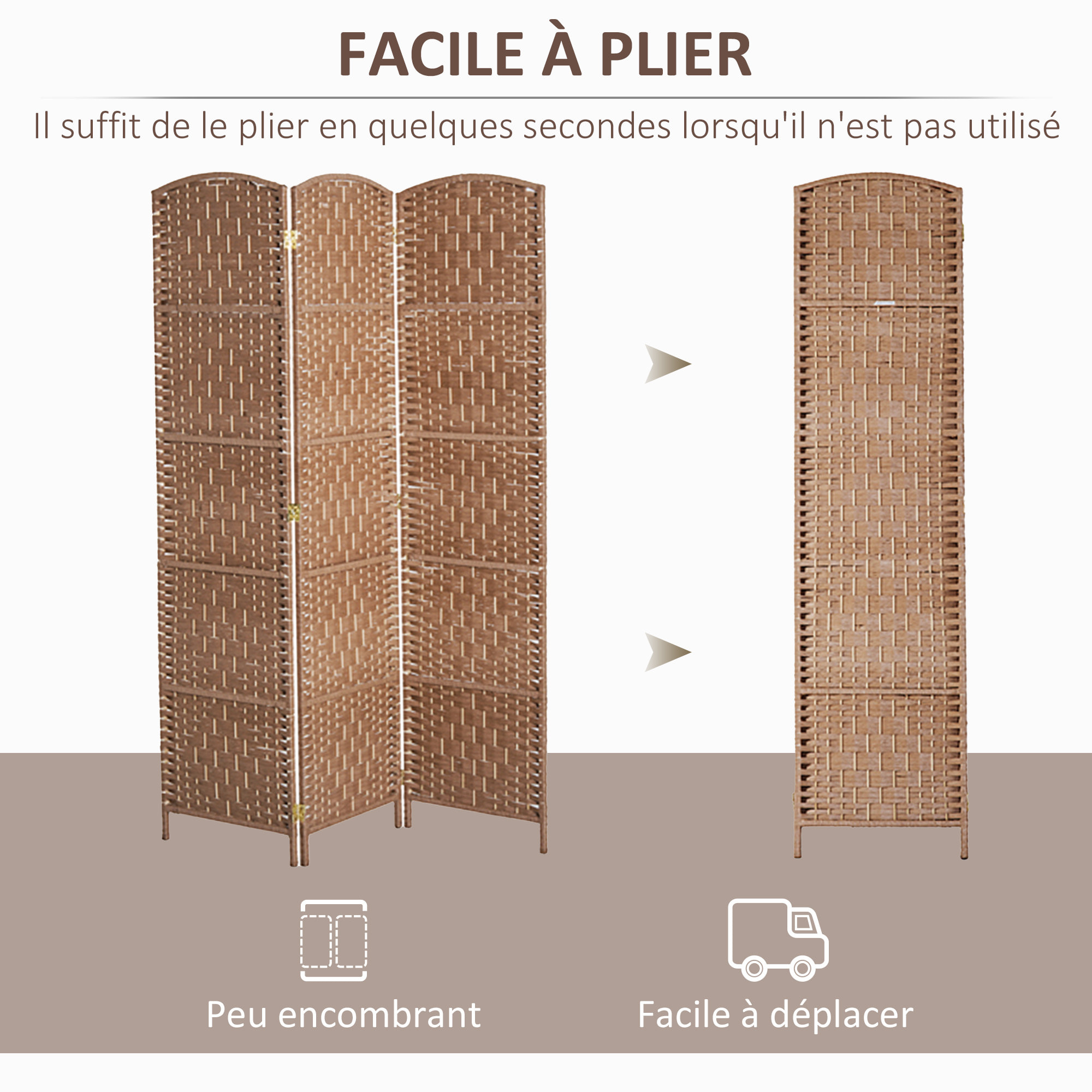 Paravent séparateur de pièce pliable 3 panneaux dim. 135L x 180H cm bois osier tressé