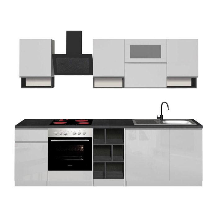 Cucina completa Attiko, Set con dispensa, Mobile per cucinotto, Kit blocco lineare, 100% Made in Italy, 255x60h85 cm, Bianco lucido e Ardesia