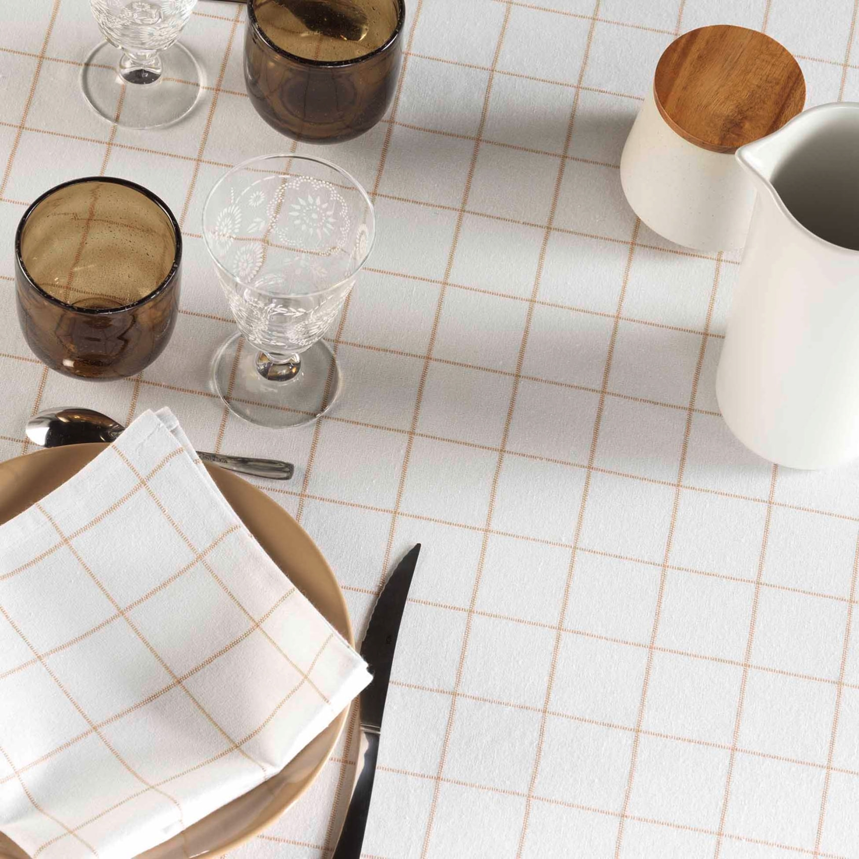 Nappe rectangle à carreaux en polycoton - Naturel