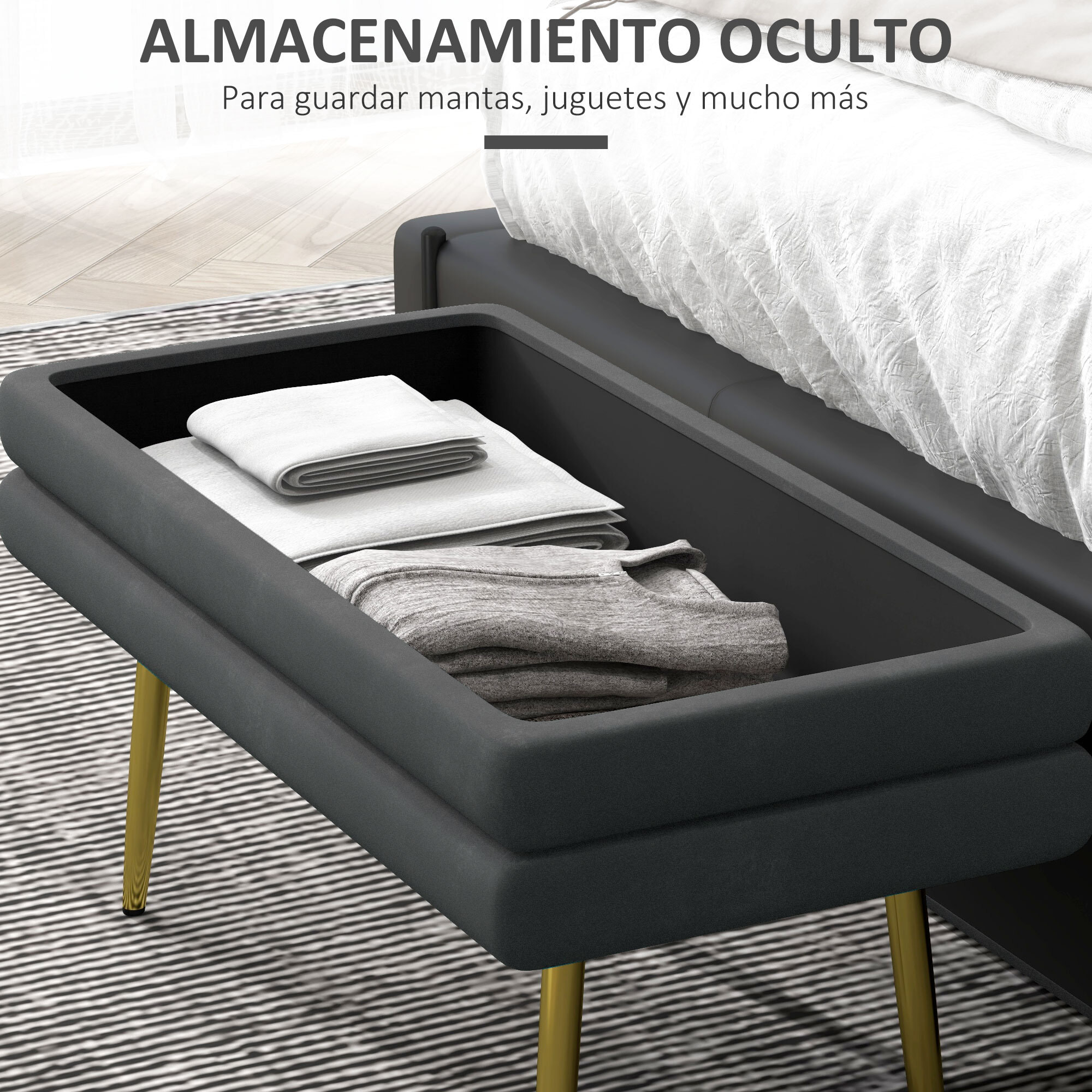 Baúl de Almacenaje para Dormitorio 30L Puff Almacenaje Tapizado en Terciopelo Banco de Almacenaje Desmontable con Patas de Acero para Entrada Salón 79,5x37,5x43 cm Gris Oscuro