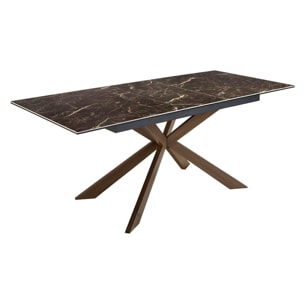 Mesa comedor extensible rectangular con tapa de mármol porcelánico en marrón con vetas crema en brillo 160x90x76cm