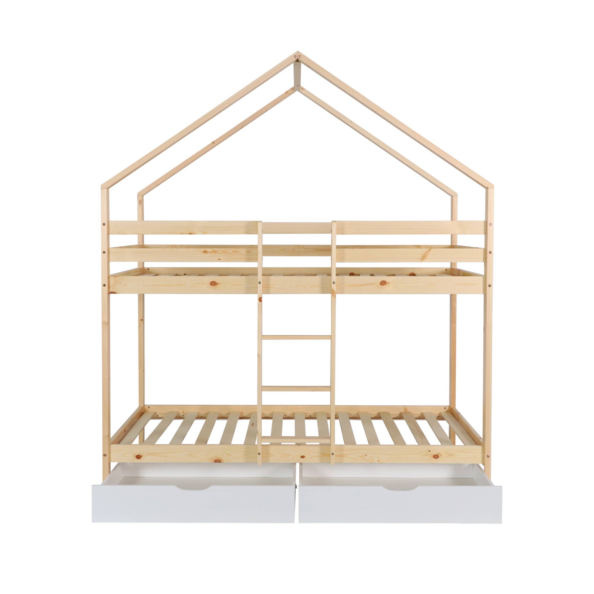 Lit enfant superposé cabane 90 x 190 cm pin naturel avec tiroirs de rangement ROYA
