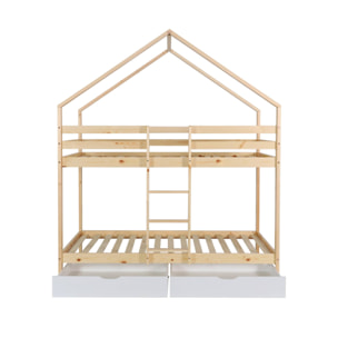 Lit enfant superposé cabane 90 x 190 cm pin naturel avec tiroirs de rangement ROYA