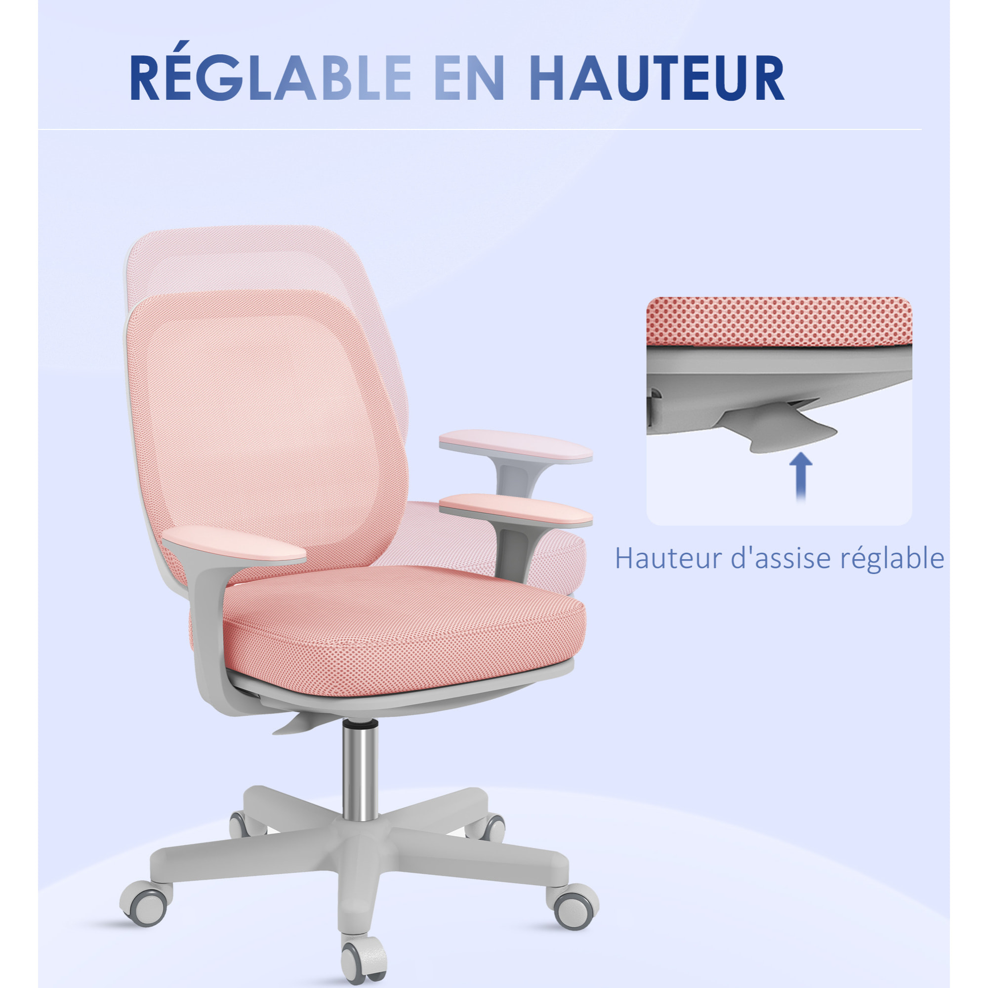 Chaise de bureau ergonomique hauteur réglable pivotante 360° revêtement maille rose